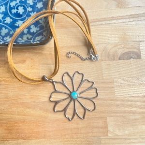 Large ATI Sterling silver turquoise leather Southwestern style floral necklace